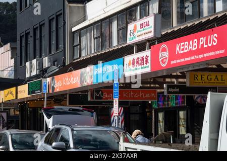 Colouful Shop Signs, Wellington, North Island, nuova Zelanda Foto Stock