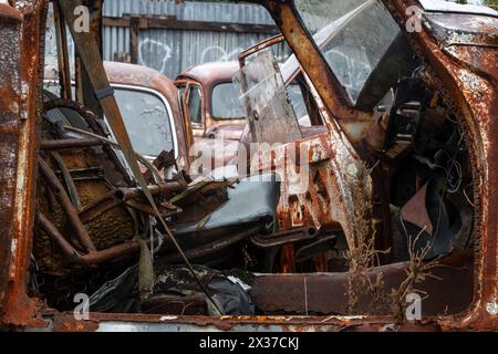 Veicoli abbandonati al cantiere di rottamazione "Crash Palace", Horopito, Waimarino, North Island, nuova Zelanda Foto Stock