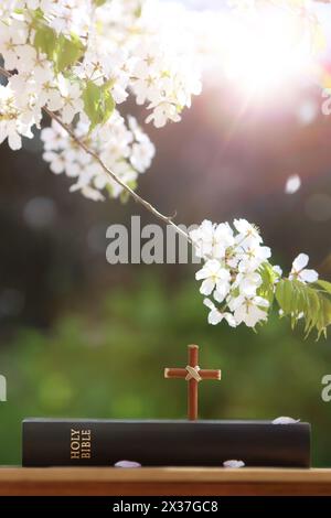 Santa Bibbia e croce di Gesù Cristo, fiori di ciliegio che soffiano nel vento primaverile e luce solare sullo sfondo verde della foresta Foto Stock