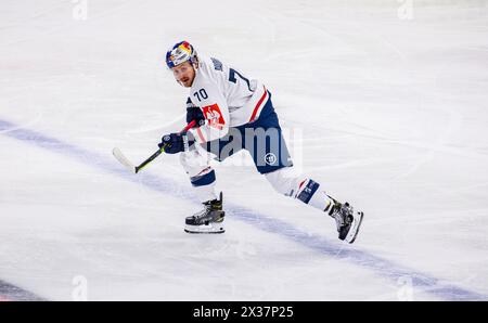 EHC Red Bull München Verteidiger #70 Maximilian Daubner während dem Spiel der Champions Hockey League gegen EV Zug nella der Bossard Arena. (Zugo, Schweiz Foto Stock