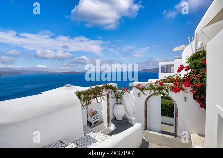 Incredibile paesaggio panoramico, vacanza di lusso. Città di Oia sull'isola di Santorini, Grecia. Case tradizionali e famose e scale con fiori Foto Stock