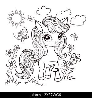 Simpatico unicorno con fiore, pagine da colorare per unicorno, libro da colorare per bambini. Simpatico unicorno cartoni animati in un prato tra fiori. Drawi lineare in bianco e nero Illustrazione Vettoriale