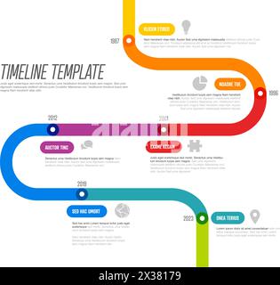 Modello timeline semplice costituito da segmenti di linea spessi colore arcobaleno. Modello di infochart multifunzione che mostra le tappe principali o importanti. Illustrazione Vettoriale