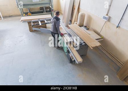 Falegname che lavora su macchine per la lavorazione del legno in falegnameria. la donna lavora in una falegnameria. Foto di alta qualità Foto Stock