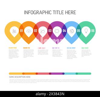 Schema del modello di avanzamento del processo vettoriale - sei passi con numeri, icone e descrizioni. Puntatori a linee spesse vivaci su sfondo bianco Illustrazione Vettoriale