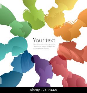 Silhouette in cerchio di uomini e donne di varie culture. Diversità delle persone. Concetto anti-razzismo per l'uguaglianza razziale. Inclusione sociale. Gender.equa Illustrazione Vettoriale