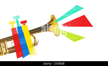 Poster. Collage d'arte contemporanea. Tromba dalle forme colorate che escono dalla campana. Jazz e musica classica. Foto Stock