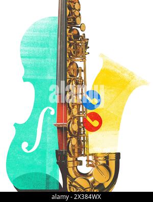 Poster. Collage d'arte contemporanea. Sax e violino che si appoggiano l'uno contro l'altro. Strumenti che lavorano insieme per creare un suono piacevole. Foto Stock