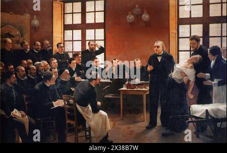 A Clinical Lesson at the Salpêtrière (in francese: Une lecon clinique à la Salpêtrière) è un ritratto di gruppo del 1887 dipinto dall'artista di storia e genere André Brouillet (1857-1914) Foto Stock