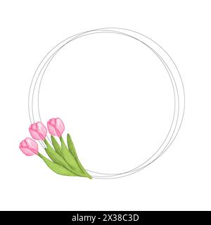 Cornice a tulipani circolare ad acquerello. Fiori di tulipano rosa disegnati a mano per design, compleanno, inviti, logo, festa della mamma, festa della donna Foto Stock