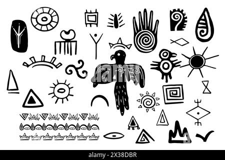 Tibal elementi primitivi tradizionali aztechi stile doodle, stampa indigena messicana, collezione di simboli tormici isolati su sfondo bianco. Illustrazione vettoriale Illustrazione Vettoriale