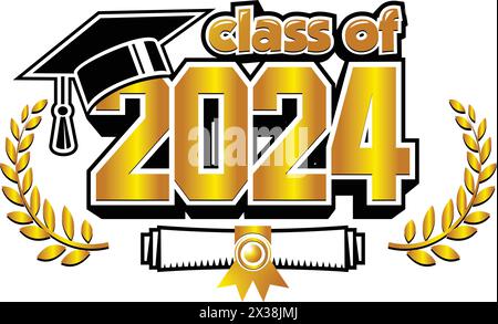 laureato in classe 2024. Il concetto di decorare le congratulazioni per i laureati. Design per t-shirt, volantino, invito, biglietto d'auguri. Vettore su tran Illustrazione Vettoriale