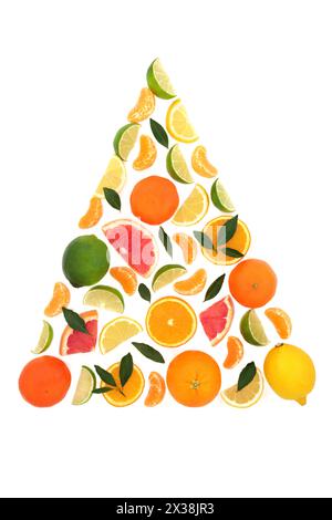 Surreale albero di agrumi estivo astratto su sfondo bianco. Concetto di cibo fresco sano e divertente con frutti ricchi di antiossidanti e vitamina C. Foto Stock