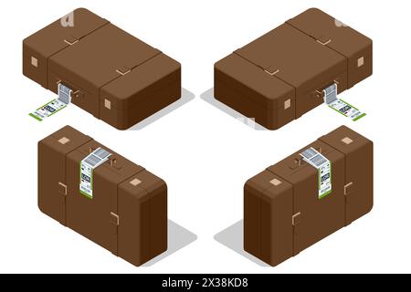 Etichette isometriche di carta per bagagli con codice a barre. Mockup con informazioni sul bagaglio e nastro di identificazione. Codice a barre trasporto di viaggio. Codice a barre per bagagli in aeroporto Illustrazione Vettoriale