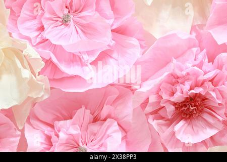 Fiori bianchi e rosa artificiali di carta sono sulle pareti in studio Foto Stock