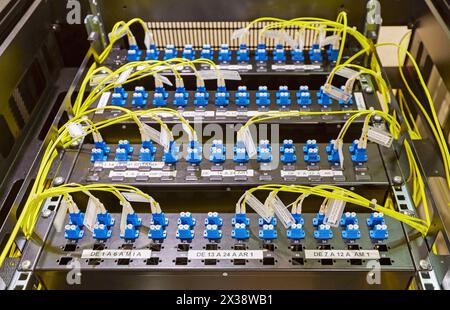 Connessioni a fibre ottiche, Data Processing Center, Dipartimento dei server informatici in rastrelli, ospedale Donostia, San Sebastian, Gipuzkoa, Paesi Baschi, S Foto Stock