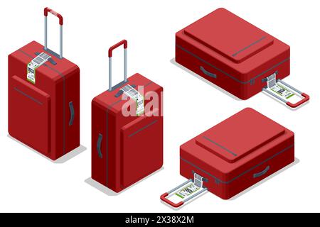 Etichette isometriche di carta per bagagli con codice a barre. Mockup con informazioni sul bagaglio e nastro di identificazione. Codice a barre trasporto di viaggio. Codice a barre per bagagli in aeroporto Illustrazione Vettoriale