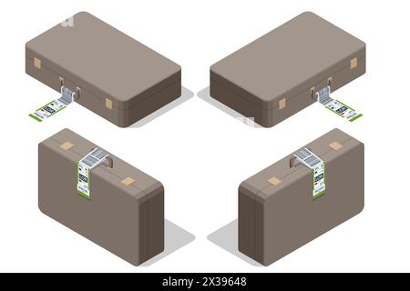 Etichette isometriche di carta per bagagli con codice a barre. Mockup con informazioni sul bagaglio e nastro di identificazione. Codice a barre trasporto di viaggio. Codice a barre per bagagli in aeroporto Illustrazione Vettoriale