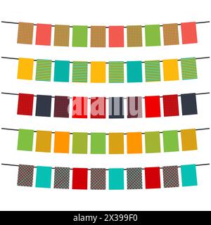 Bandiere colorate e ghirlande per decorazioni. Elementi decorativi con vari motivi. Illustrazione vettoriale Illustrazione Vettoriale