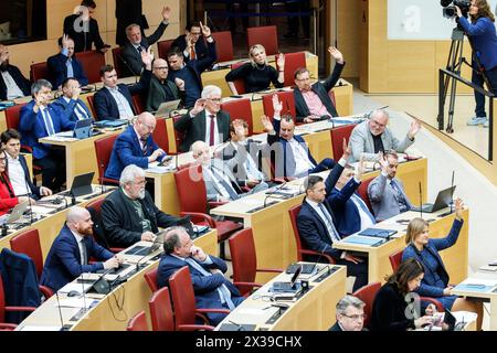 Monaco, Germania. 25 aprile 2024. I membri del gruppo parlamentare AfD prendono parte alla votazione durante la 17a sessione plenaria del Parlamento statale bavarese del 25.04.2024 a Monaco (Baviera). Tra questi vi sono Oskar Lipp, Johannes Meier, Elena Roon, Matthias Vogler, Andreas Winhart, Martin Böhm, Ingo Hahn e Benjamin Nolte, Oskar Atzinger, Christoph Maier, Richard Graupner, Markus Walbrunn e Katrin Ebner-Steiner, presidente del gruppo parlamentare AfD al Parlamento statale bavarese. Crediti: Matthias Balk/dpa/Alamy Live News Foto Stock