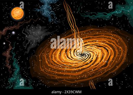 Vector Space Black Hole, poster orizzontale astronomico con cartoni animati di buco nero supermassiccio con travi arancioni nello spazio profondo, fut decorativo Illustrazione Vettoriale