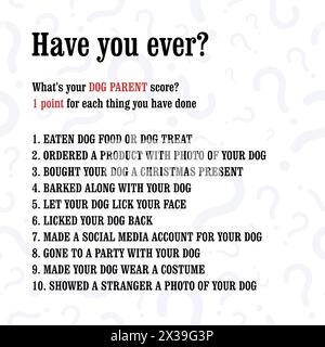 Gioco sui social media. Valutare i contenuti dei test per il coinvolgimento dei fan dei cani nei commenti. Prova dei punti per le esperienze dei genitori cani - hai mai fatto. Illustrazione Vettoriale