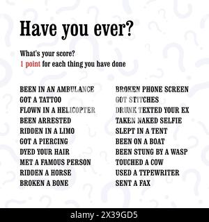 Gioco sui social media. Valutare i contenuti dei test per il coinvolgimento dei fan nei commenti. Prova a punti per esperienze di vita - hai mai provato? Illustrazione Vettoriale