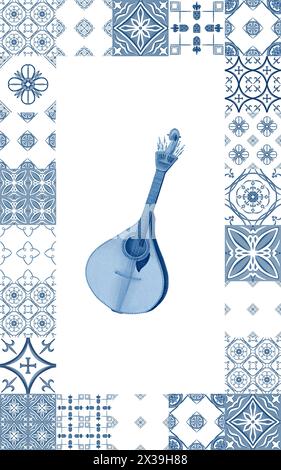 La chitarra di Fado per le canzoni tradizionali. Illustrazione acquerello in blu e bianco. Simbolo della cultura portoghese. Isolato su sfondo bianco. Per cucina Foto Stock