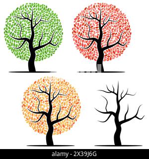 Quattro alberi con foglie verdi, rosse, gialle e senza foglie. Illustrazione vettoriale isolata su sfondo bianco Illustrazione Vettoriale