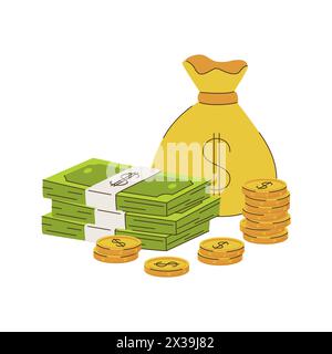 Un sacchetto giallo pieno con il simbolo del dollaro e una pila di banconote e monete in contanti. Un simbolo di ricchezza, risparmio. Illustrazione vettoriale piatta isolata su bianco Illustrazione Vettoriale