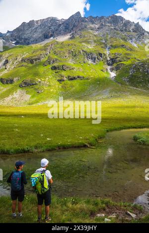 Due escursionisti ammirano la splendida vista delle Alpi francesi. Valle di Peisey, Savoia, Francia. Foto Stock