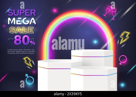 Design del podio per l'esposizione dei prodotti con colore arcobaleno lgbt brillante al neon chiaro su sfondo scuro, concetto di vendita mese orgoglio, design vettoriale Illustrazione Vettoriale