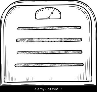 Bilance per pesatura. Illustrazione vettoriale delle attrezzature per il fitness su sfondo isolato. Disegno della bilancia sportiva per il controllo della perdita di peso. Schizzo della pesatrice per misurare l'obesità in stile lineare. Illustrazione Vettoriale