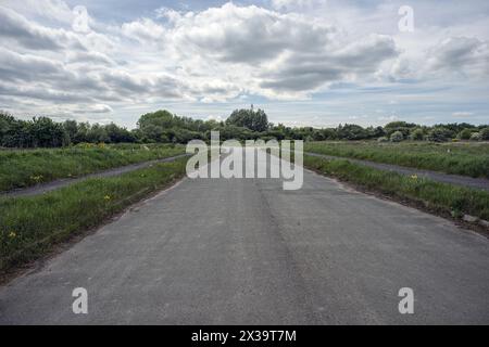 Terra di Brownfield: Ex strada di accesso del sito industriale. Foto Stock