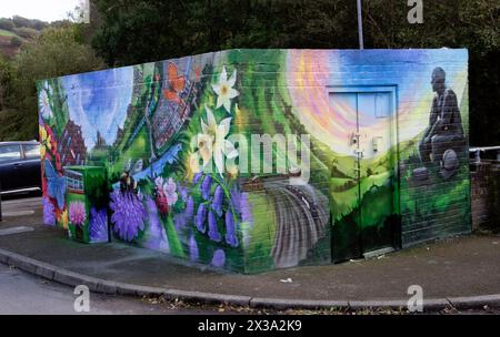 Llanhilleth Mural, un murale colorato su un recinto di stazione di pompaggio, una collaborazione tra le organizzazioni della comunità e l'artista Andy o'Rourke Foto Stock