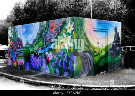 Llanhilleth Mural, un murale colorato su un recinto di stazione di pompaggio, una collaborazione tra le organizzazioni della comunità e l'artista Andy o'Rourke Foto Stock