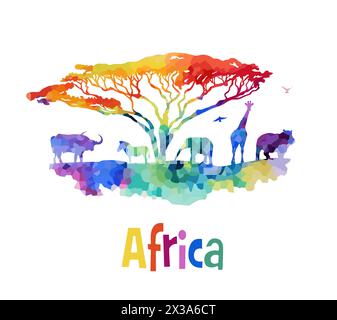 Poster di benvenuto in Africa. Africa abstract animali colorati silhouette. disegno a mano. Non ai, illustrazione vettoriale Illustrazione Vettoriale