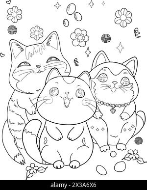 cartoni animati di gatti, pagina da colorare kawaii per bambini e adulti Illustrazione Vettoriale