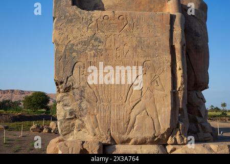 Un pannello laterale con due immagini a rilievo fiancheggiate della divinità Hapi su uno dei Colossi di Memnone sulla sponda occidentale di Luxor, Egitto Foto Stock