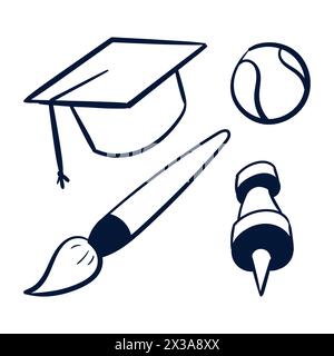 Linea Scribble per l'istruzione scolastica. Set vettoriale per la scuola disegnata a mano Scribble. Lo studente Doodle disegna. Illustrazione Vettoriale