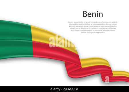 Elegante e ondulata bandiera di rappresentazione astratta del Benin, che scorre su uno sfondo bianco con testo segnaposto Illustrazione Vettoriale