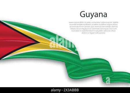 Elegante e ondulata bandiera di rappresentazione astratta della Guyana, che scorre su uno sfondo bianco con testo segnaposto Illustrazione Vettoriale