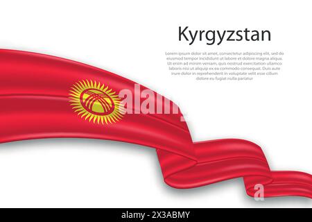 Elegante e ondulata bandiera di rappresentanza astratta del Kirghizistan, che scorre su uno sfondo bianco con testo segnaposto Illustrazione Vettoriale