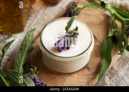 Un vaso di unguento fresco fatto in casa con un simphytum officinale fresco in fiore o una pianta a maglia Foto Stock