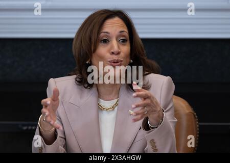 Washington, Stati Uniti. 25 aprile 2024. Il vicepresidente Kamala Harris partecipa a un evento in occasione del secondo mese Chance nella sala Roosevelt della Casa Bianca a Washington DC giovedì 25 aprile 2024. Foto di Michael Reynolds/UPI credito: UPI/Alamy Live News Foto Stock