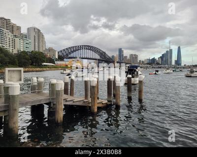 Il litorale del porto di Sydney si affaccia sul famoso ponte del porto di Sydney in una giornata nuvolosa Foto Stock