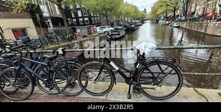 AMSTERDAM, NETHLANDS - 25 APRILE 2024 - le persone viaggiano in bicicletta in una strada di Amsterdam, Paesi Bassi, 25 aprile 2024. Foto Stock