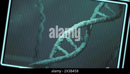 Immagine dell'interfaccia digitale con elaborazione dei dati e filamento di dna su sfondo nero Foto Stock