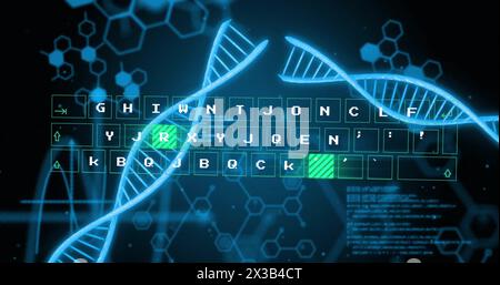 Immagine di filamenti di dna, elaborazione dati su sfondo nero Foto Stock