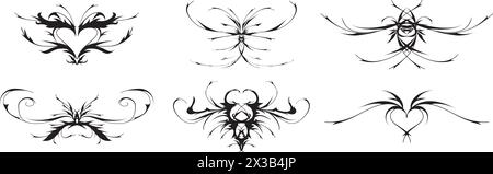 Tatuaggio neo tribale y2k, forma a cuore e farfalla. Ornamenti disegnati a mano in stile cybersigilismo. Illustrazione vettoriale di un modello tribale gotico emo nero e rosa Illustrazione Vettoriale